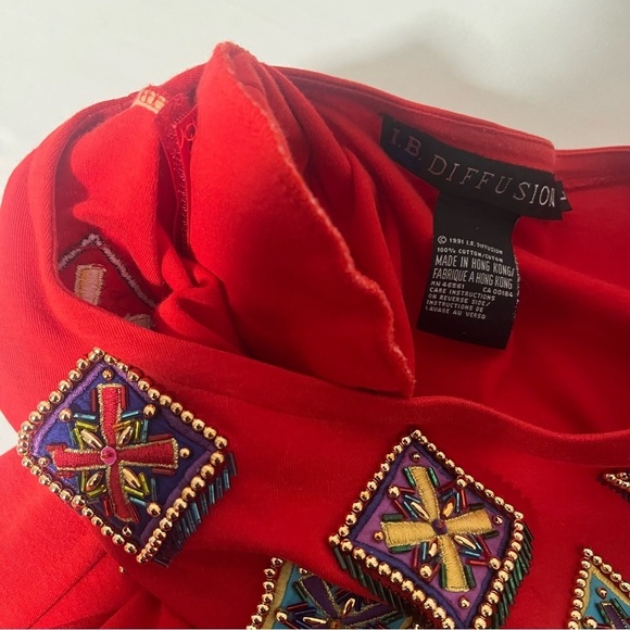 Vintage IB DIFFUSION Artsy Red Large Women Scoop Neck Blouse Embellished Cotton - Picture 8 of 10